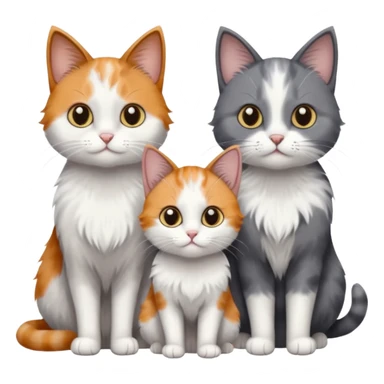 3 different coloured small cats including a dark grey and white, and a patchy calico and a solid grey with only white paws sticker