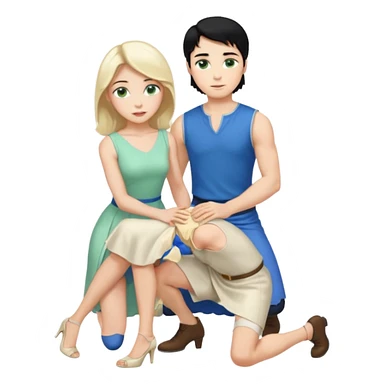 prince, upright, black Hair, blue eyes, garment,  Woman, bending knee, sleveless white dress, blonde hair, green eyes, sticker