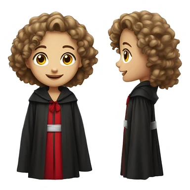 a young girl with curly brown hair, brown eyes, bigger front teeth, shes light skinned and dressed in a black robes with red tie sticker