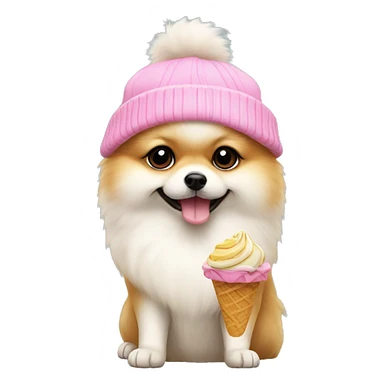 pomeranian eating an icecream and wearing a beanie pink sticker