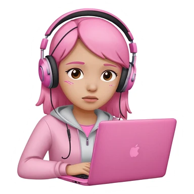 a girl with a pink laptop with headphones, color outline icon style, looking sad sticker