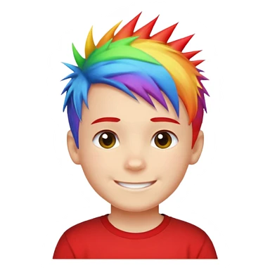 Boy with rainbow streaks — short spiky hair glowing under light, red T-shirt sticker