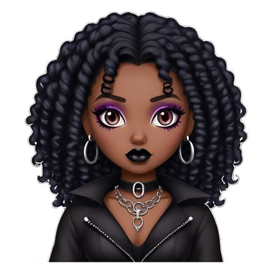 pretty bratz baddie, dark skin, black curly hair, gothic style sticker