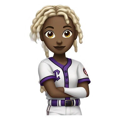 baseball card character. black girl. blonde locs. letter C logo. Purple and white uniform.  sticker