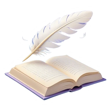 Create a delicate and poetic emoji representing poetry. The design should feature several elegantly flying pages with short poetic columns written on them. The pages should appear light and flowing, almost as if being carried by the wind. Include a white feather gently resting on the pages, symbolizing creativity and inspiration. Use soft, pastel tones like light blues, purples, and creams to give it a dreamy, artistic feel. The design should feel ethereal and whimsical, capturing the essence of poetry. Make the background transparent. sticker