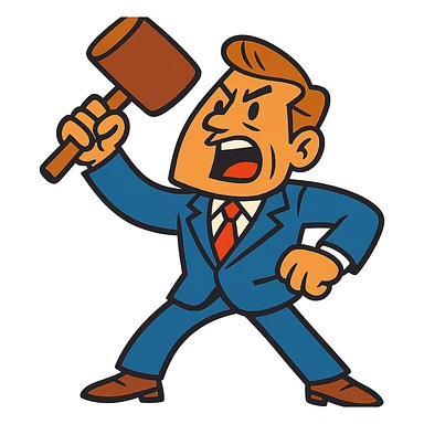 cartoonish lawyer character with exaggerated features, like a big gavel or a dramatic pose sticker