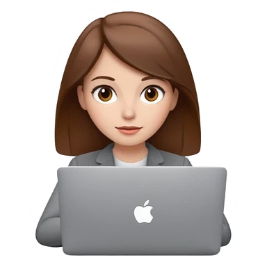 memoji of a brown hair white skin female with a grey laptop in front, apple-style, modern sticker
