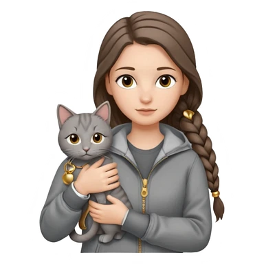 a white girl with long brunette hair in braid that is over her shoulder. shes holding a grey cat. the girl has long lashes and has on a grey zip up that is half way zipped  and under a white shirt and gold jewelry that is gold bracelets. sticker
