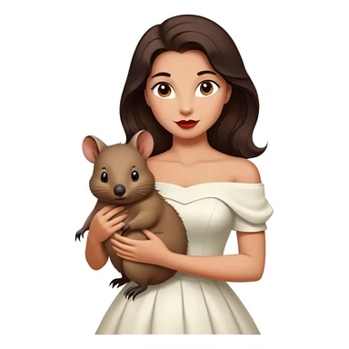 Beautiful woman in 1950’s woman fashion look, off-shoulder white dress, long dark brown hair, wombat sticker