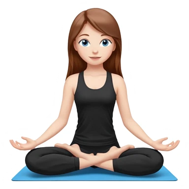 A girl with fair skin and a natural blush. Eyes are large, expressive, blue. Hair is long, straight, chestnut-colored. The smile is soft, friendly, doing yoga in a black top and leggings in a popular pose sticker