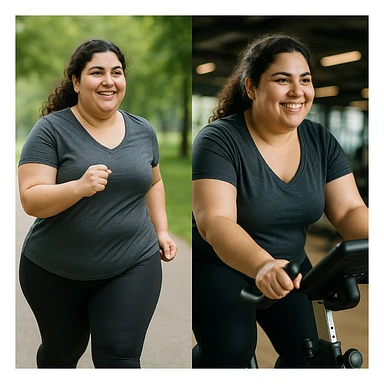 woman with PCOS doing physical activity (brisk walking or exercise bike), wearing sportswear, motivated expression, wellness atmosphere, realistic details, gym or park background sticker