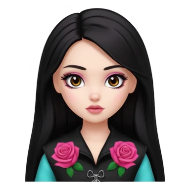 pale skin, girly bratz baddie, beautiful dark brown eyes, pretty makeup, long dark black straight hair, girly rose clothes sticker