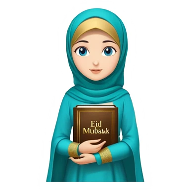 Turkish beautiful finish Konya girl blue eyes with gold hijab and islamic long tailed turquoise dress on the ground at her home garden and had on her hand text Eid Mubarak  sticker