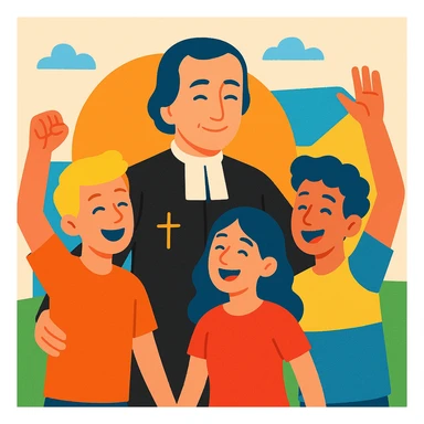modern Christian vocational animation, figure of Brother Gabriel Taborin with young people, joyful atmosphere, modern style, vibrant colors, subtle cross sticker