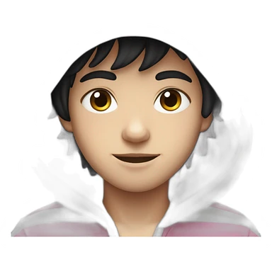 Pale boy, with fluffy black hair and wearing a white hoodie with pink stripes sticker