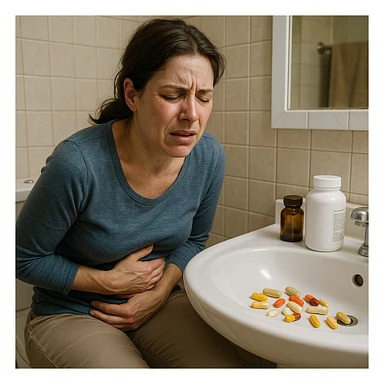 hyper realistic image of a woman in bathroom with symptoms of intestinal damage from supplements, expression of pain, supplements visible on the sink, clinical details, domestic environment sticker