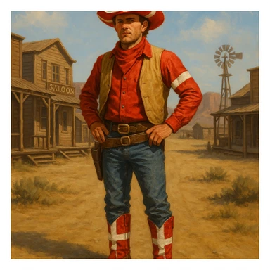 Danish cowboy wearing a cowboy hat and boots with Danish flag colors in a western setting sticker