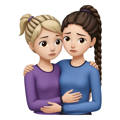 Comforting Hug two white skin women, one shorter woman with medium brown simple top ponytail, not braided, and one taller skinny sad face woman with a single long black side braid sticker