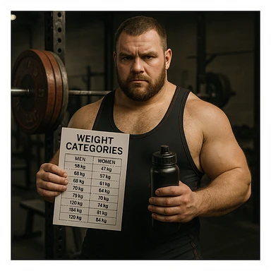Powerlifter in weight room, holding a weight category chart and a water bottle, determined gaze, preparation atmosphere, realistic details, gym background sticker