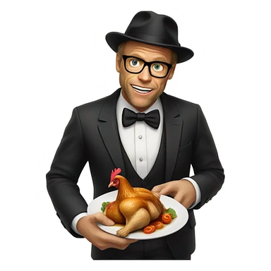 Alton brown wearing black bowler hat eating a roasted chicken sticker