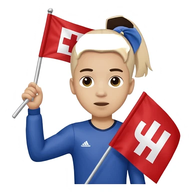 A pony tail hair boy holding a big team flag, waving it proudly with a determined expression. sticker