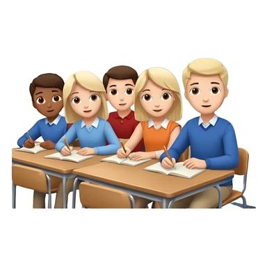 five friends sitting at desks studying in a classroom sticker