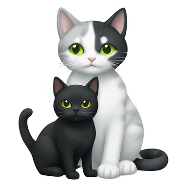 grey and white cat with green eyes, cuddling with an all black cat with yellow eyes sticker