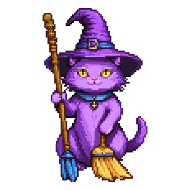 purple witch cat holding a broom sticker