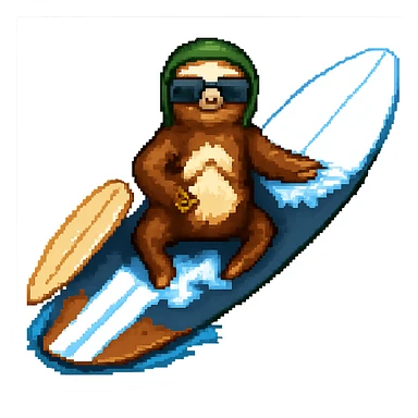 Add sunglasses to the sloth while surfing in pixel art style. Remove the background. sticker