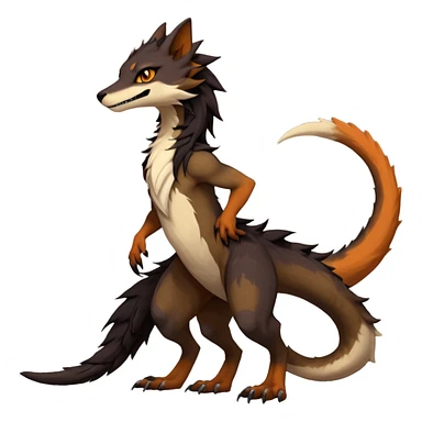 Brown and beige badass elegant wild beautiful natural cute badass epic exotic anthro modern furry 2-legged sergal-vernid-creature, full body, dark-brown-black-gradient pretty hair, with a long tufted tail, beautiful hazel-orange eyes, aesthetic, art by LiLaiRa, art by art by Falvie sticker