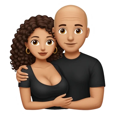A picture of an embracing tanned couple. the man is a Mexican man with tanned skin, with a bald hair cut, and wearing a black shirt. the woman is mixed, glasses,  with long curly dark brown hair and with big boobs. Remove the glasses from the man sticker