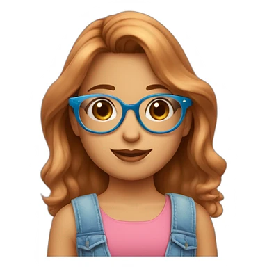 Una niña de cabello rubio corto con corte degradado y lentes oscuros, sombrero para verano rosa claro y una casaca grande hasta el cuello azul sticker