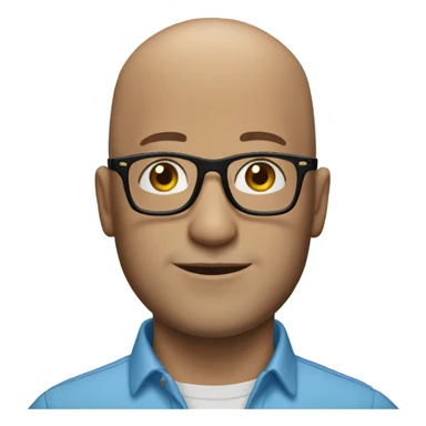 bald man in blue shirt black glasses sticker