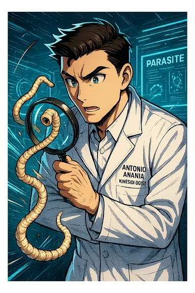 A dynamic manga/webtoon-style illustration of a young male kinesiologist wearing a clean white lab coat, analyzing light beige worms like a tapeworm under a magnifying glass. His expression is focused and slightly intrigued, with sharp, detailed eyes. The art style is vibrant, with bold linework, rich colors, and dramatic lighting. The background is a futuristic laboratory with glowing holographic screens displaying parasite data. The tapeworm is intricately drawn, slimy and segmented, with a slightly exaggerated yet realistic texture. The composition is dynamic, with motion lines or energy effects to emphasize his scientific investigation. The atmosphere is intense but not dark, keeping a balance between scientific seriousness and stylish manga aesthetics, he has "ANTONIO ANANIA" WRITTEN ON WHITE LAB COAT sticker