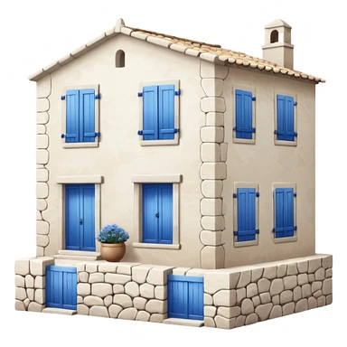 whitewashed stone house with blue shutters, Mediterranean style sticker
