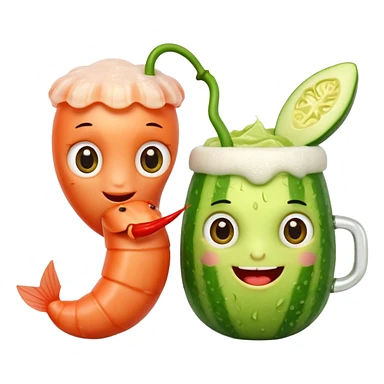 Emoji-style food mascots, NOT human.
Two cute shrimp characters, simple cartoon faces, big round eyes, small smiles.
One shrimp holding a beer mug with foam, the other holding an aguachile bowl with cucumber and chili.
Flat + soft 3D style, clean shapes, no human facial details, no realistic skin.

 sticker
