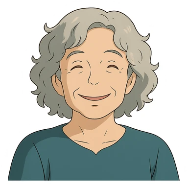ghibli style smiling 50 year old lady with silver curly hair sticker
