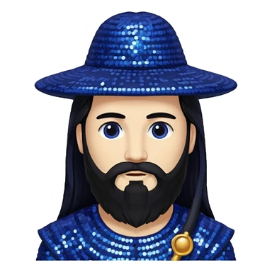 Saturn, God of Time from Gods and Goddesses with long black hair and beard, indigo sequin outfit sticker