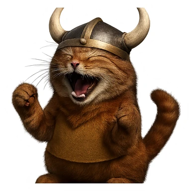 Make this laughing red viking cat more realistic with detailed fur and natural cat features. The cat should have a realistic horned helmet, remain red, and be laughing. Remove the background. sticker