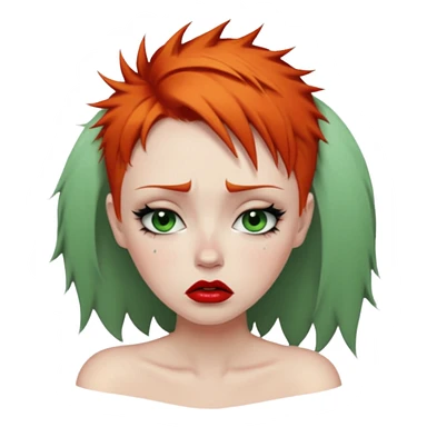 Short spikey Ginger hair, green eyes, black long eye lashes large red lips White woman very sad crying  sticker