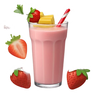 A strawberry banana smoothie with a orange straw sticker