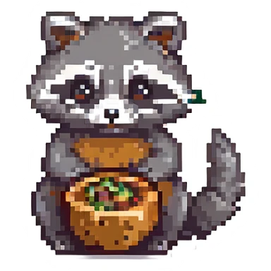raccoon eating, pixel art style sticker