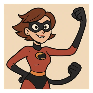 upper body of a heroic woman with stretching powers, red and black superhero outfit, black mask, short brown hair, animated style sticker