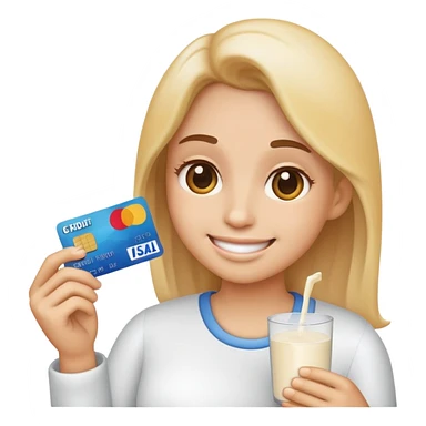 Glad emoji, med kreditt kort i hånden og mel pulver ved seg sticker