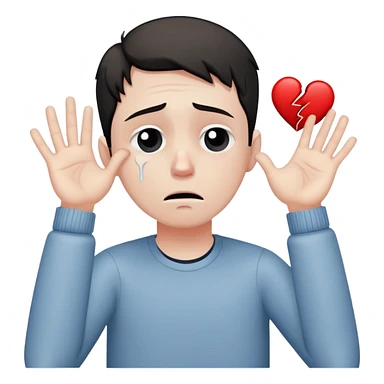 man with anxious attachment style with tears in eyes looking devastated, large broken heart symbol next to him, slumped posture showing emotional pain, hands reaching out desperately despite rejection sticker