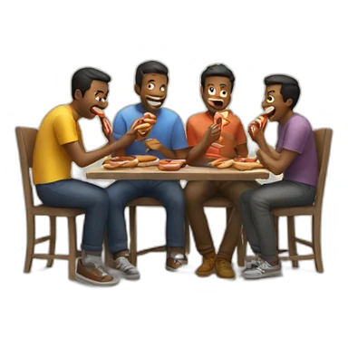 4 men eating hotdogs sticker