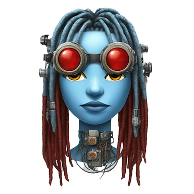 Light blue long dreadlocks female cyborg head with red steampunk goggles and circuits sticker