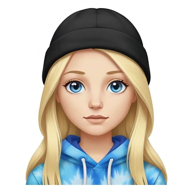 White woman with long blonde straight hair and blue eyes with long eyelashes and tiedye hoodie. i would like for her to be wearing a black beanie with dueces on it sticker