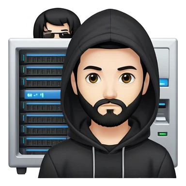 hackeur blanc cheveux noir barbe et capuche noir à côté d'un server ia sticker