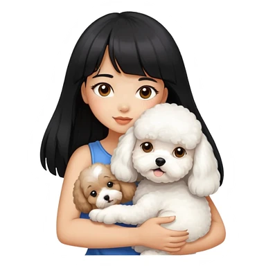 A beautiful girl with long black hair and bangs hugs a little Bichon Frise tightly sticker